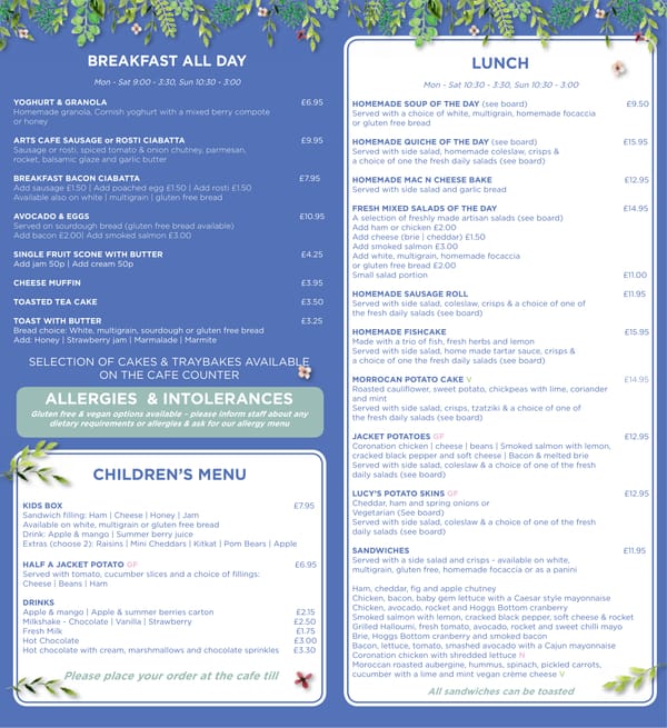 Arts Cafe food menu — breakfast all day, lunch and children's menu